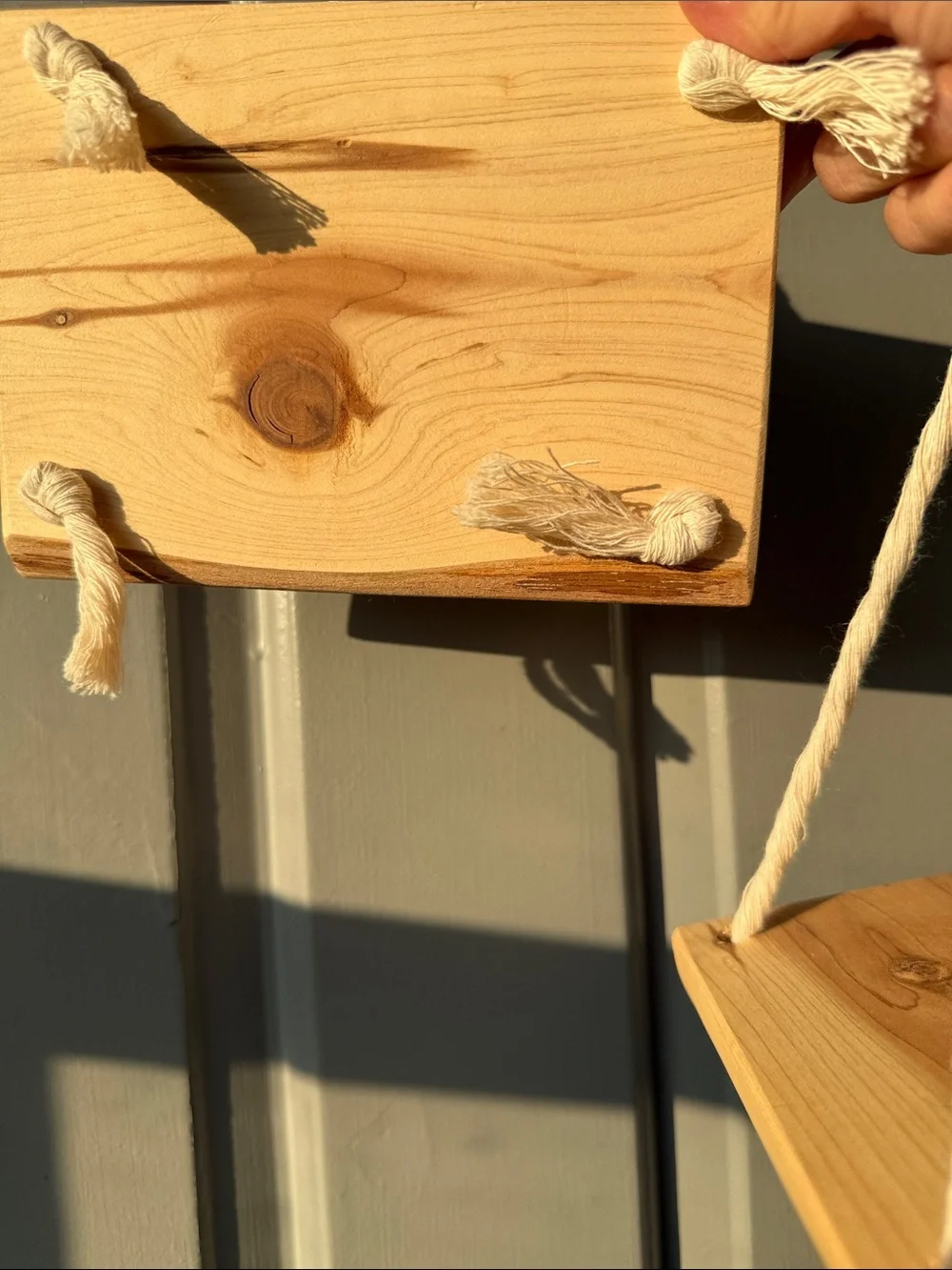 Natural Wood Hanging Wall Shelf with Cream Rope